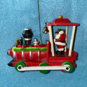 VINTAGE TRAIN Santa Ornament crafted of wood